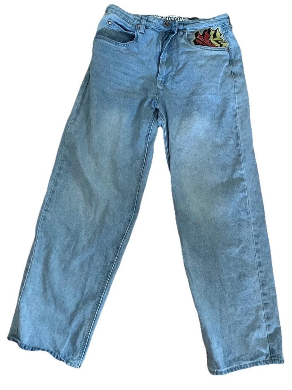 Men's Light Blue Denim Jeans with Flame Pocket Detail. Ambush